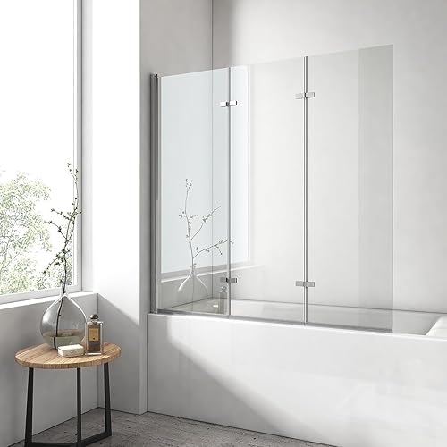 EMKE Parete vasca da bagno pieghevole 130 x 140 cm, 3 pannelli girevoli, vetro vasca da bagno in vetro di sicurezza da 6 mm, oscillazione di 180°, Telaio cromato stile industriale, nano-rivestito - Honorern