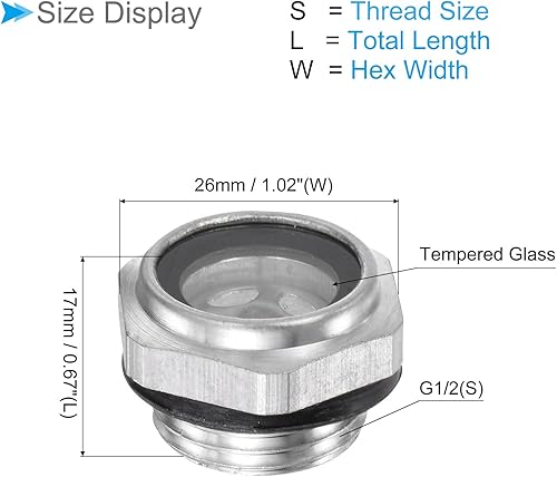 Vetro Livello Olio Compressore Aria, | Maschio G1/2 | Finestra Indicazione Livello Olio Alluminio Testa Esagonale - (Applicazioni: Accessori Scatola Del Cambio), 1Pz - Honorern