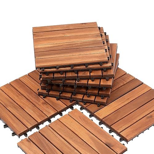 Piastrelle in legno, per terrazze, in legno di acacia, 30 x 30 cm, set da 55 piastrelle, 5 m², con drenaggio per esterni, giardino, terrazza - Honorern