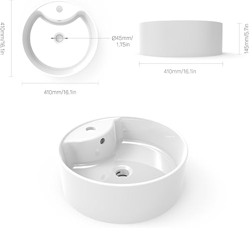 Lavabo Rotondo 41x41x14,5cm, Lavabo in Ceramica con Foro per Rubinetto e Troppopieno, Lavandino Bagno Lavanderia Piccolo Lavabo per Toilette Ospiti Lavabo da Appoggio Bianco - Honorern