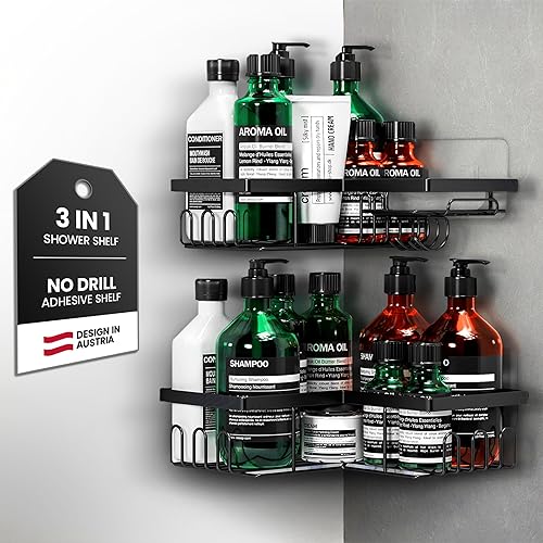 W&S Mensola Doccia Angolare Senza Foratura Set di 2 - Porta Sapone in Acciaio Inox | 2 Mensole Bagno | Porta Sapone per Doccia, Accessori Cucina, Porta Shampoo da Appendere, Porta Bagnoschiuma – Nero - Honorern