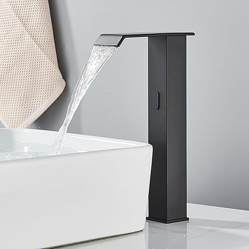 Rubinetti con Sensore Miscelatore Bagno Acqua Calda e Fredda Rubinetto Cascata Bagno Lavabo in Ottone Rubinetteria Bagno,Nero-A,Alto - Honorern