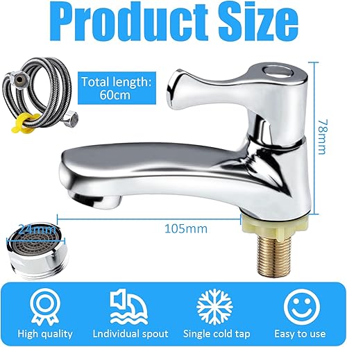 Plstod Rubinetto Acqua Fredda, Rubinetto Bagno Lavabo, Miscelatore Lavabo Bagno per Fredda, Monocomando Rubinetto Lavandino Bagno, Monoforo Rubinetti Bagno con Tubo Collegamento da 60 cm, Argento - Honorern