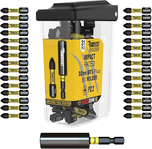 31 x SabreCut SCRPZ23231B 32 mm PZ2 e 60 mm Impact Bit Holder Set di punte per cacciavite a impatto magnetico Single Ended Pozi Pozidriv compatibili con Dewalt Milwaukee Bosch Makita e altri - Honorern