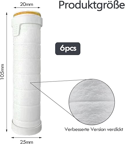 Filtro per soffione doccia, 6 pezzi, 10,5 x 2,5 cm, in cotone PP, filtro anticalcare ispessito, filtro per acqua, anima in cotone, per contro calcare e cloro (giallo) - Honorern