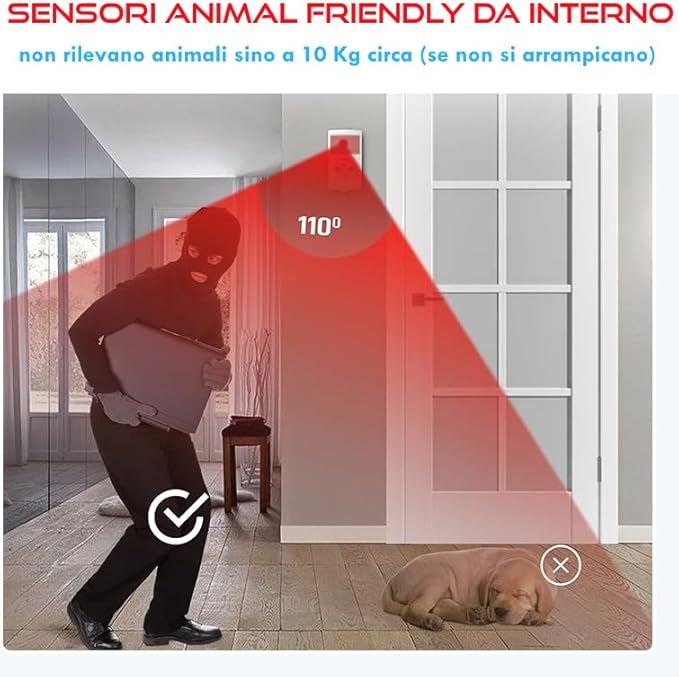 ITALIAN ALARM - x mod. MICRO TOUCH - Sensore PET Immune Wireless per Interni, Sensore Animal Friendly Immune agli Animali sino a 10 KG Circa. Lavora sull'altezza dell'animale - Honorern