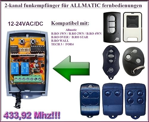 Allmatic ricevitore radio compatibile a 2 canali per telecomando B.RO WN/B.RO Over/B.RO Star/Wall / TECH3 / FOR4 12-24 VAC/DC, NO/NC 433.92MHz Rolling/Fixed Code - Honorern