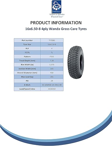 2 set di Pneumatici Tubeless per Erba, 16x6.50-8 - 4 Strati Wanda P332, Marcatura E, Diametro 412 mm, Larghezza 167 mm, 280 kg - per Tosaerba con Conducente, Passeggini e Carrelli - Honorern