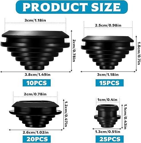 70 Pz Passacavo Gomma, Set Passacavi in Gomma per Fori, Guarnizioni Spina a Forma di Torre per Cablaggio di Cavi Idraulici Auto Barche, 10 mm/20 mm/25 mm/30 mm (Nero) - Honorern