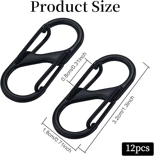 Formiger - 12 moschettoni mini metallo doppio 8 formiger, 2 fori, 30 mm, piccolo per esterni, campeggio, casa, escursionismo, nero - Honorern