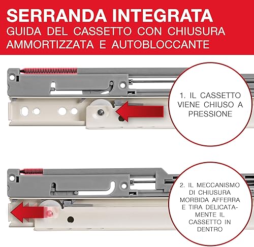 Guide per cassetti 450 mm con chiusura automatica con ammortizzatore, set da 2 (1 paio), guide per cassetti estraibili Softclose, estraibili scorrevoli in bianco - Honorern