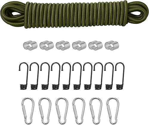Corda Elastica - Ø 8 mm x 10 m - con 10 Ganci e 6 Moschettoni per Teloni e Striscioni - Cinghia Portapacchi per Fai da Te - Resiste alle Intemperie e ai Raggi UV - Verde - Honorern