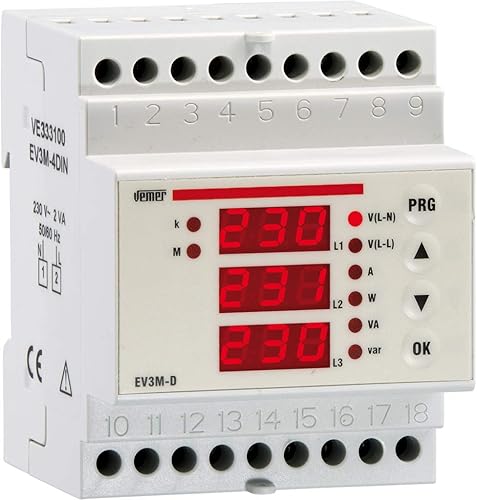 VEMER VE333100EV3M-D - Multimetro Digitale per la Misura delle Principali Grandezze Elettriche nei Sistemi Trifase a 3 o 4 Fili, Alimetazione 230V, Installazione su Barra DIN (4 moduli), Bianco - Honorern