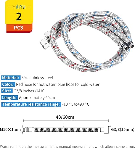 Set di 2 Tubo di Collegamento per Rubinetto G3/8 x M10 Acciaio Inossidabile Intrecciato Tubo Flessibile 60cm Tubo Flessibile Doccia per Lavandino Cucina Bagno - Honorern
