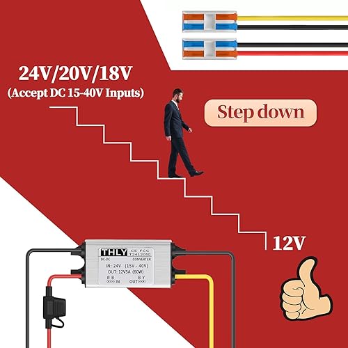 Trasformatore 24 12 Volt, Convertitore 24V a 12V 5A 60W Converter di Connettori Elettrici a Cablaggio Rapido, Regolatore di Tensione(Accetta ingressi DC15-40V) - Honorern