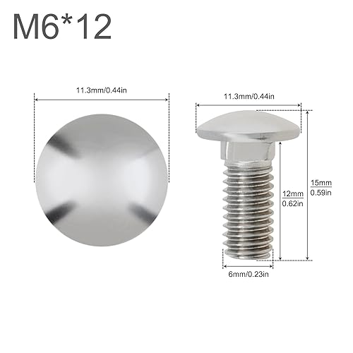 Viti M6 (6 mm x 12 mm), 20 viti a cupola quadrata a tazza, in acciaio inossidabile 304, testa rotonda, collo quadrato, completamente filettate, argento - Honorern