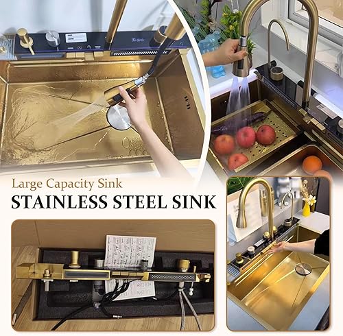 Lavello da incasso in acciaio inox, 1 vasca, 85 x 50 cm, colore nero, grigio, con design a cascata, rubinetto estraibile, stazione di lavoro e scolapiatti - Honorern