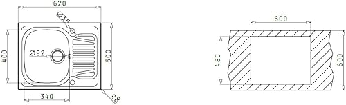100132512 - Lavello da incasso in acciaio inossidabile, modello Sparta, con 1 vasca e 1 gocciolatoio, 62 x 50 cm - Honorern