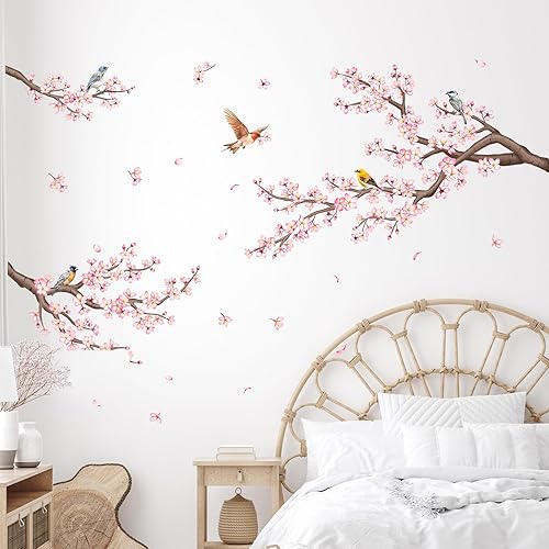 Adesivi Murali Ramo di fiori rosa Adesivi da Parete Fiori di ciliegio Uccelli Adesivo Muro Decorativo per Soggiorno Camera Letto Corridoio Divano TV Sfondo Muro - Honorern