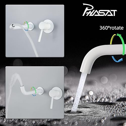PHASAT Rubinetto per Lavabo a Muro,Miscelatore Lavabo 2 Fori a Muro, Rubinetto Bagno Lavabo a Parete in Ottone, Rubinetti Lavello Girevole 360°，Oro PTBB06LG - Honorern