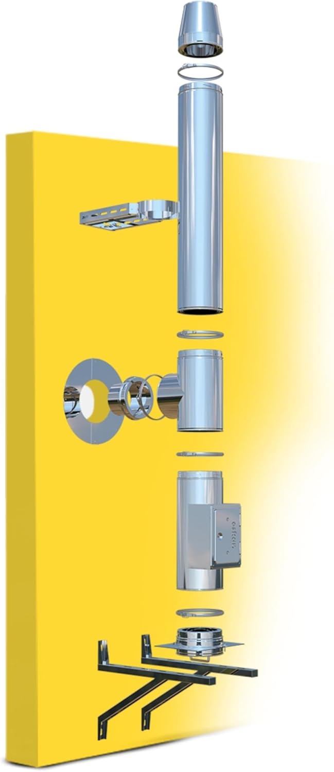 Canna fumaria Oskar inox Ø 150mm I Kit completo per camino e stufa a legna I Lunghezza 5,2 m I 25 mm di isolamento I 0,5 mm di spessore I Canna fumaria a doppia pareteI Distanza dal muro 60-100 mm - Honorern