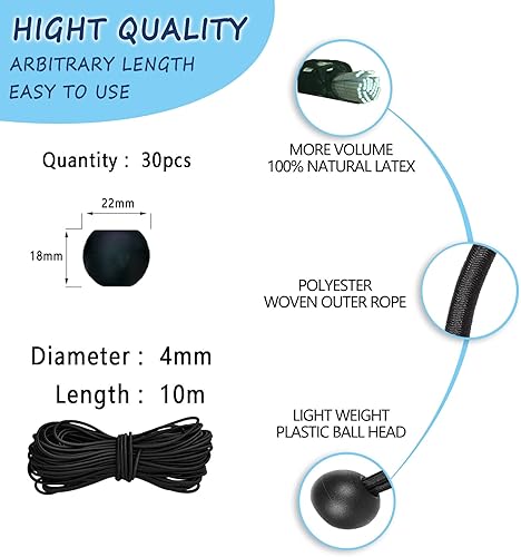 Ganci Elastici, 4mm, 10m Nero, ZhenSFlourish Fai Da te Elastici Per Telone, Ganci Elastici Per Teloni con 30 Palline - Honorern