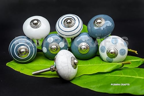8 pomelli per armadio, cassetto, in ceramica, dipinti a mano, 8 pezzi grigio e bianco pomelli grigio - Honorern