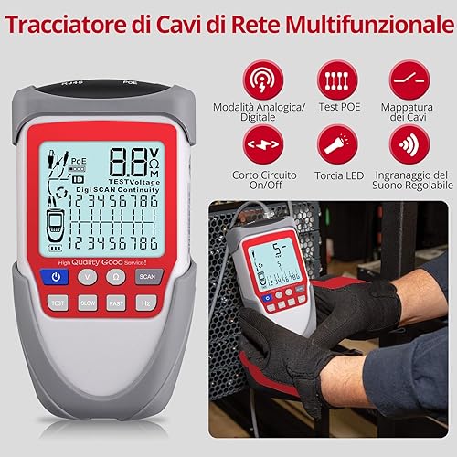 XUNTOP Tester per Cavi di Rete LCD Rilevatore di Linea Continuità Tensione della Batteria Verifica Polarità Test POE Tester Avanzato Multifunzione per LAN CAT5 CAT6 Tracker - Honorern