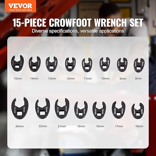 VEVOR Set di chiavi a zampa di gallina, attacco da 1/2' e 3/8' Set di chiavi a zampa di gallina da 15 pezzi con custodia in PP, metrico 8-24 mm, acciaio CRMO e finitura al fosfato di manganese - Honorern