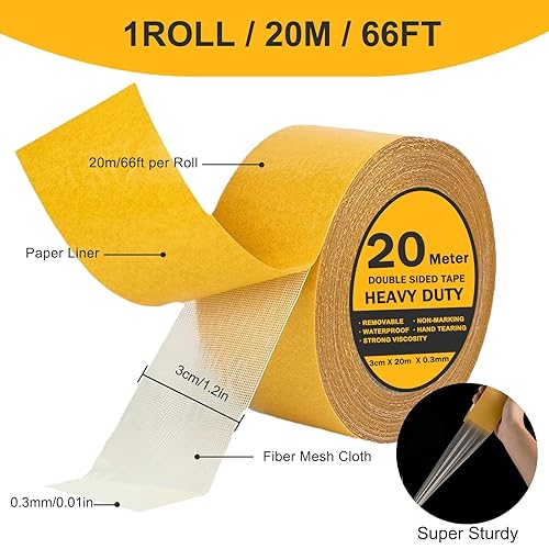 1 Rotolo Nastro Biadesivo Extra Forte Tessuto, Strisce Biadesivo Rimovibili Ad Alta Adesività, Non Lascia Tracce, Riutilizzabile Per Tappeti, Poster Fotografici, DIY 3cm x 20m (1.2in x 66ft) - Honorern