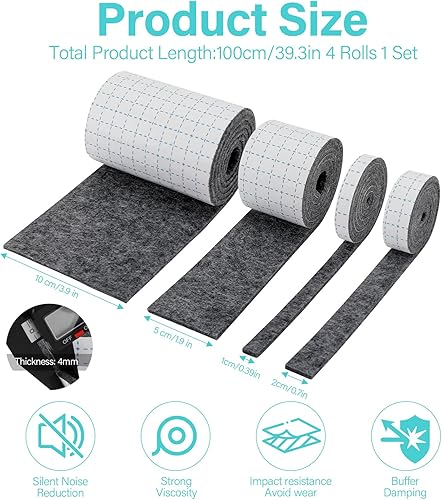 Feltro autoadesivo,4 Rotoli Feltro Adesivo in Rotolo (100 cm x 10 cm,100 cm x 5 cm,100 cm x 2 cm,100 cm x 1 cm) tagliabili in qualsiasi forma,per Pavimenti,Piedini per Sedie,Grigio - Honorern