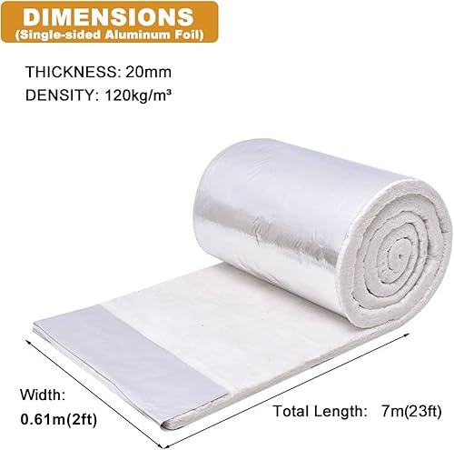 Coperta Antifuoco Isolante in Fibra Ceramica Rotolo, Ignifuga Foglio di Alluminio Monofacciale Resistente Alle Alte Temperature per Stufe Forni Tubo(Size:610mm x 15000mm x 10mm - 120kgm³,Color:bianco) - Honorern