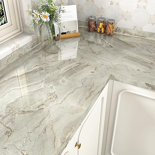 HotDecor Pellicola Adesiva Per Mobili Carta Da Parati Effetto Marmo Beige Oro Rivestimento Top Cucina Carta Adesiva Effetto Marmo Lucida Per Pareti Armadio Rivestimento Adesivo Per Mobili 60cm x 300cm - Honorern
