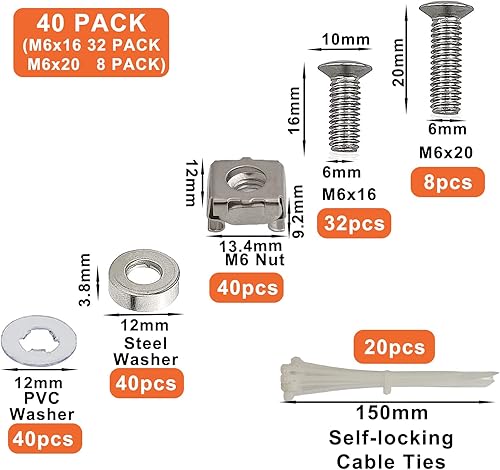 Set di 100 Pezzi (40 Sets) M6 x 16/20mm Dadi a Gabbia Viti e Rondelle Montaggio a Rack e Rondelle per Armadi Scaffali per Server a Rack Router(Argento) - Honorern