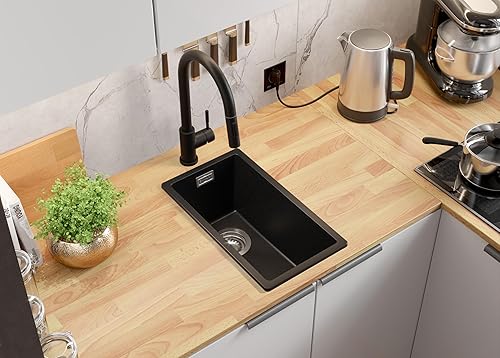 PRIMAGRAN Lavello da Cucina Nero 26x47cm, Lavandino da Cucina a 1 vasca + Sifone Classico, Lavabo da Cucina Incasso al mobile 30cm - London Slim - Honorern