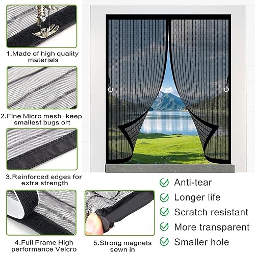 Zanzariera Magnetica Finestra 126 x 225 cm (Personalizzabile) Rete Fine, Chiude da Sola Zanzariera con Magneti per Porte Facile da Installare con Nastro Adesivo, Nero - Honorern