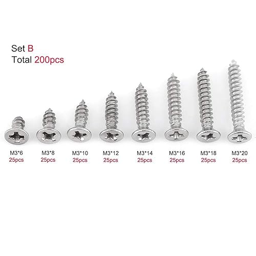 Assortimento di viti Tek in lamiera autoperforante in acciaio inossidabile SS304 da 200 pezzi M3 / testa piatta(Flat Head Self-tapping Screws) - Honorern