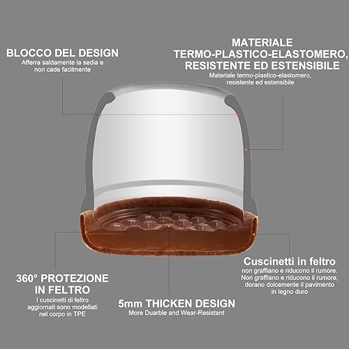 16 Pezzi Gommini per Sedie, 14-19mm Piedini per Sedie Silicone con Feltrini, Tappi per Sedie Rotondi per Proteggere i Pavimenti da Graffi e Rumori - Honorern