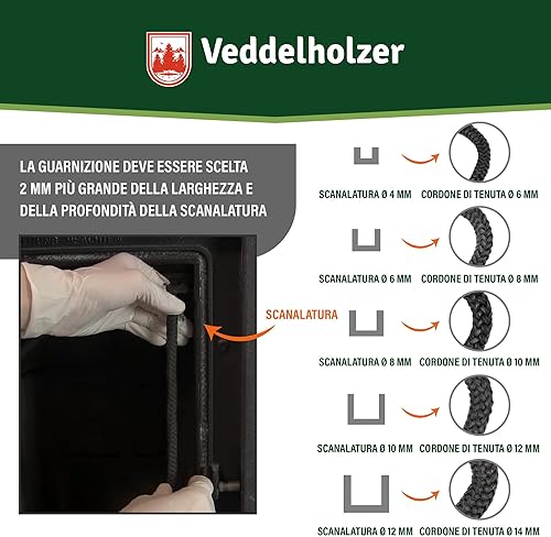 Set completo Veddelholzer Ø 12 mm nastro sigillante per stufe, guarnizione per forni, cavo sigillante, accessori per caminetti Incl. adesivo per alte temperature, guanti, manicotti e istruzioni - Honorern