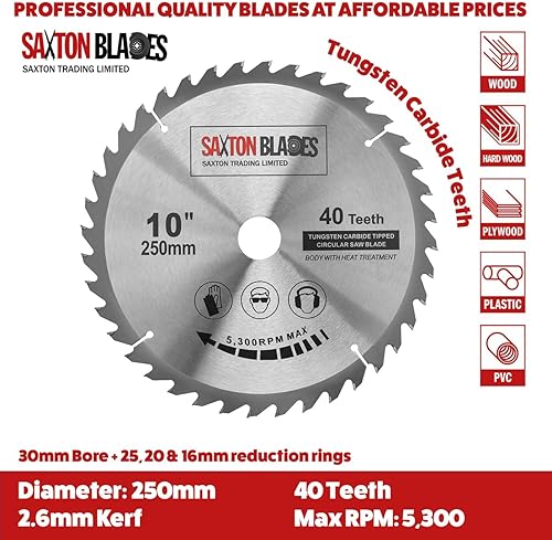 Saxton 2 lame circolari per legno TCT da 250 mm x 30 mm, 40 e 60 T, per seghe da 255 mm - Honorern