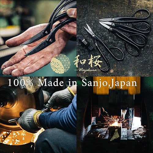 Wazakura 3PCS Set di Attrezzi per Bonsai, Kit per Principianti, Realizzato in Giappone, Forbici + Pinzette in Acciaio con Rastrello + Scopa Cinese, Kit di Giardinaggio Giapponese - Modello Satsuki - Honorern