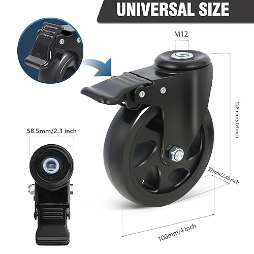 Rotelle per Mobili con Freno, Ruote Girevoli da 100mm con Foro Posteriore M12, Ruote per Il Trasporto, Ruote per Carrello Rotazione di 360 Gradi, Set da 4 Ruote per Mobili Portata 500 Kg - Honorern