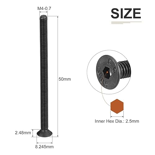 Viti a Testa Cilindrica Esagonale M3-0.5x16mm, 50Pz,Viti a Testa Piatta in Acciaio al Carbonio con Finitura Nera Ossidata, Filettatura Completa, Bulloni Svasati - Honorern