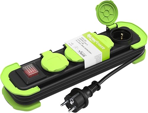 Ciabatta Multipresa schuko per esterno 4 prese IP44 con interruttore Presa multipla elettrica impermeabile, contatti protetti con coperture e cavo avvolgibile da 5m 16A/250V H05RR-F3G1,5 - Honorern