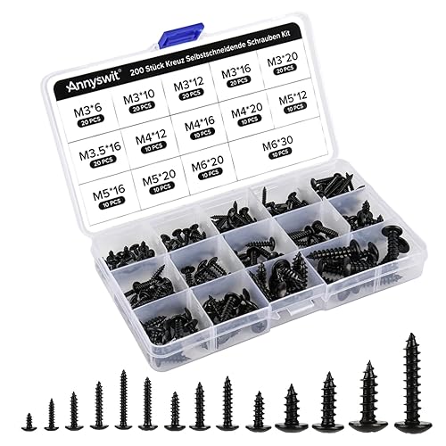 200 Pezzi Croce Viti Autofilettanti Set, M3 M3.5 M4 M5 M6 Nere Assortimento Viti Autofilettanti, Acciaio al Carbonio Viti Testa Piatta, Viti Miste per Cartongesso, Legno Mobili, Riparazione - Honorern