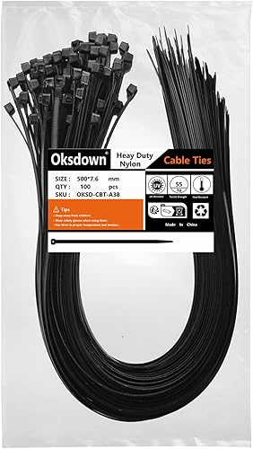 Oksdown Heavy duty Nero Fascette Plastica per Cavi Stringicavo 100 Pezzi 7,6mm x 300mm Nere Grande Nylon Fascette Elettricista per Gestione dei Cavi Elettrici Giardinaggio - Honorern