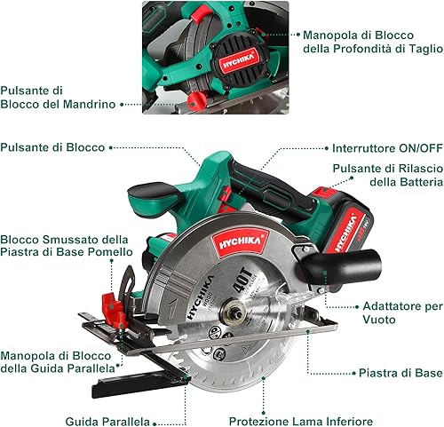 Sega circolare a batteria, HYCHIKA 18V con 2 lame da 165 mm, profondità di taglio massima 53 mm (90°)/36 mm (45°) - Honorern