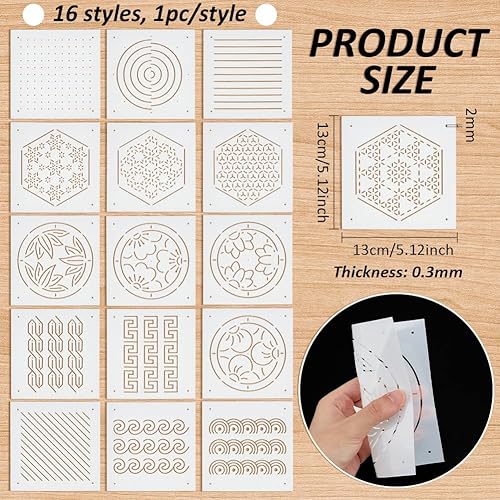 BENECREAT 16 pz 4 stili Stencil Sashiko In Plastica, Strumento per Ricamo Da 13x13cm, Modello di Linea di Disegno per Trapuntatura A Mano e Ricamo, 0.3mm di Spessore - Honorern
