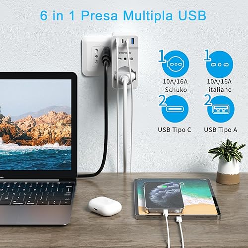 Presa Multipla USB Salvaspazio con 4 USB(C1 20W PD3.0), Spina Italiana, 6 in 1 Adattatore Multipresa Elettrica da Muro con 1 Schuko & 1 Prese IT & 2 Type-C & 2 Type-A, 4000W/16A (Bianco) - Honorern