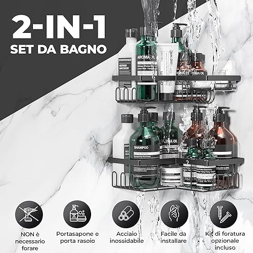 W&S Mensola Doccia Angolare Senza Foratura Set di 2 - Porta Sapone in Acciaio Inox | 2 Mensole Bagno | Porta Sapone per Doccia, Accessori Cucina, Porta Shampoo da Appendere, Porta Bagnoschiuma – Nero - Honorern